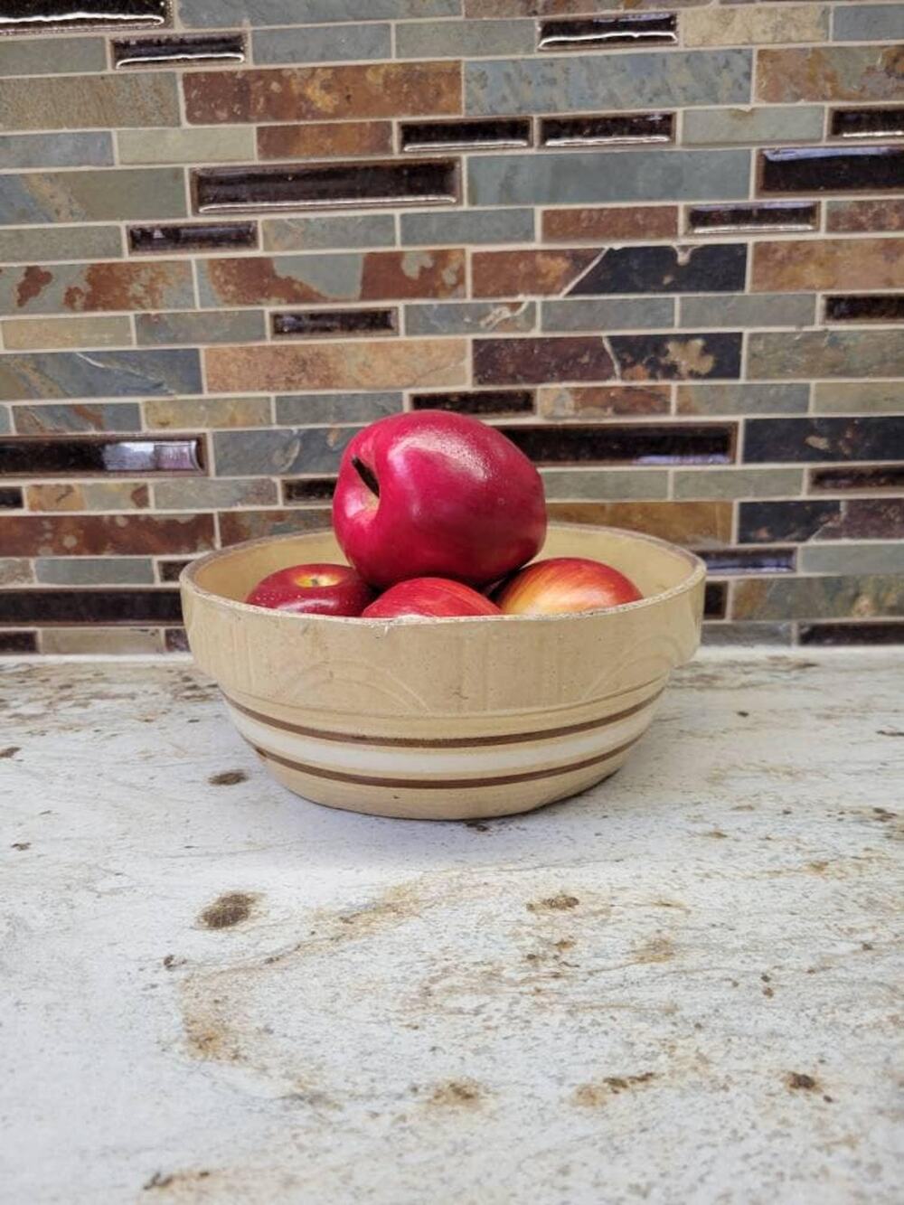 Vintage Watt Banded Bowl USA 8 Yellow Oven Ware Pottery, Beige Brown Stripes